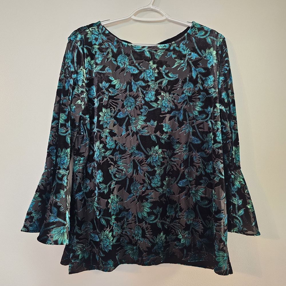 The Limited Teal Velour Floral Bell Sleeve Blouse 90s Dark Romance Medium Witchy